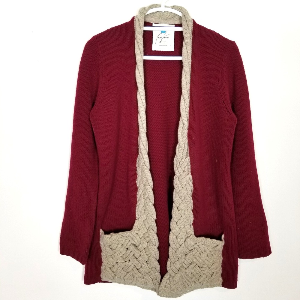 Anthropologie Sparrow 100% Lambs Wool Cardigan Women  M Maroon Tan Crochet  Boho